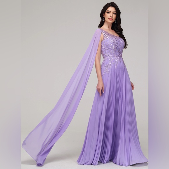 Lilac One Shoulder Chiffon Bridesmaid Prom Dress With Cape Sz 6 - Picture 1 of 13